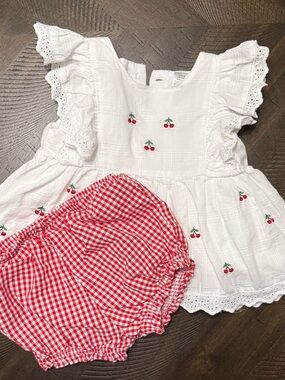 Girls White Cherry Embroidered Top with Red Gingham Bloomers